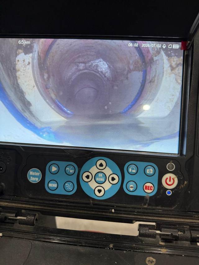 CCTV drain camera monitor showing the inside of a pipe 6.59 metres along the line during an inspection